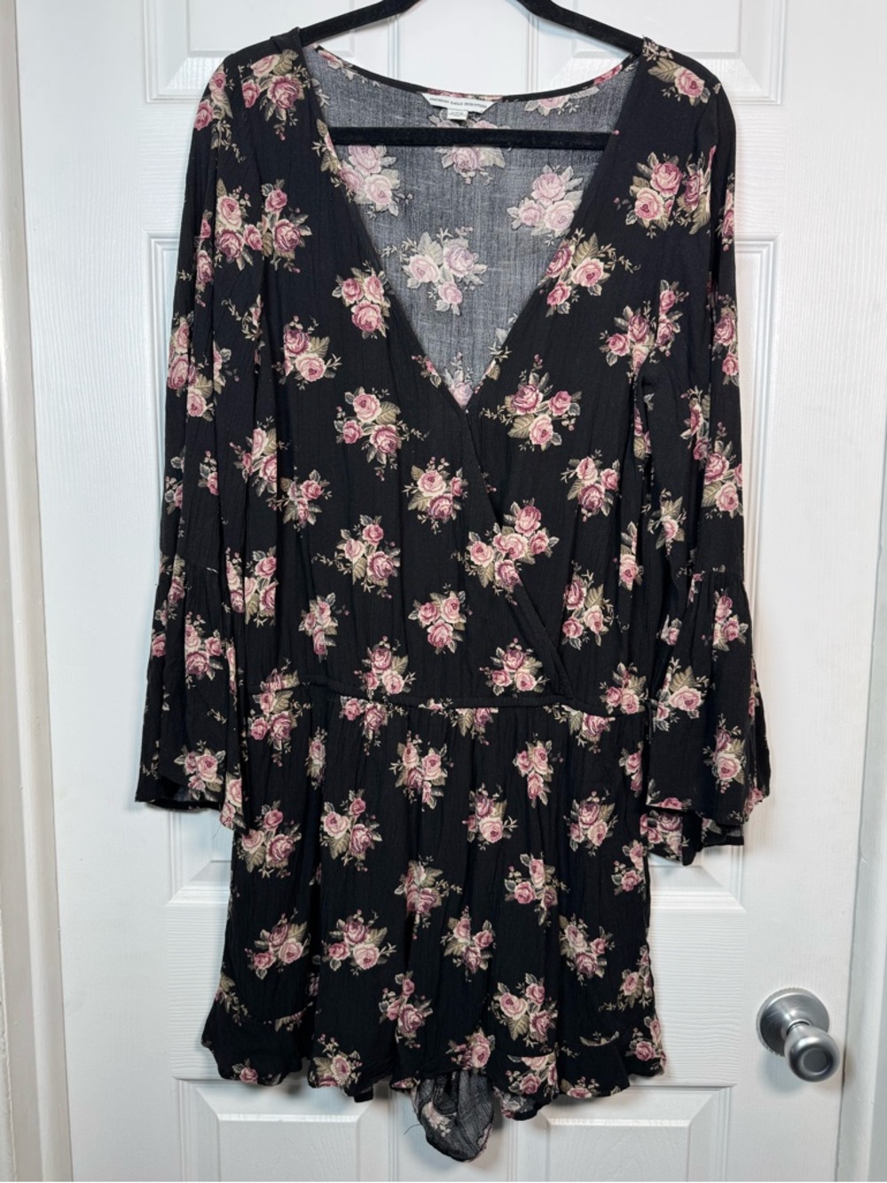AE Floral Romper Black Pink Boho Wrap Bell Sleeve Cottagecore